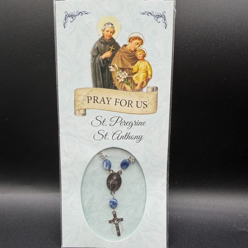 St Peregrine St Anthony Rosary Necklace Blue Beads Crucifix Catholic Prayer Gift